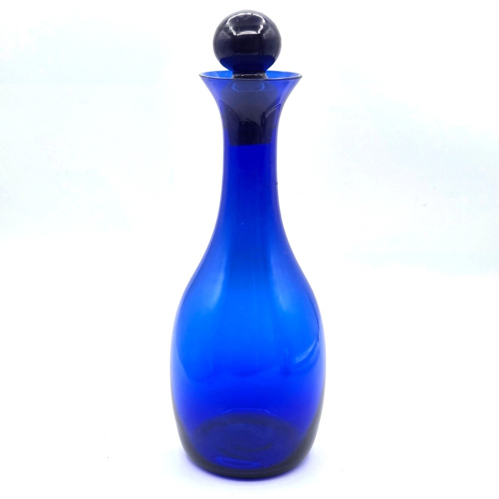 MCM Hand-Blown Cobalt Blue Art Glass Decanter with Stopper 10.5" VINTAGE